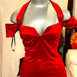 Red hot off shoulder body con silk dress (dr2)